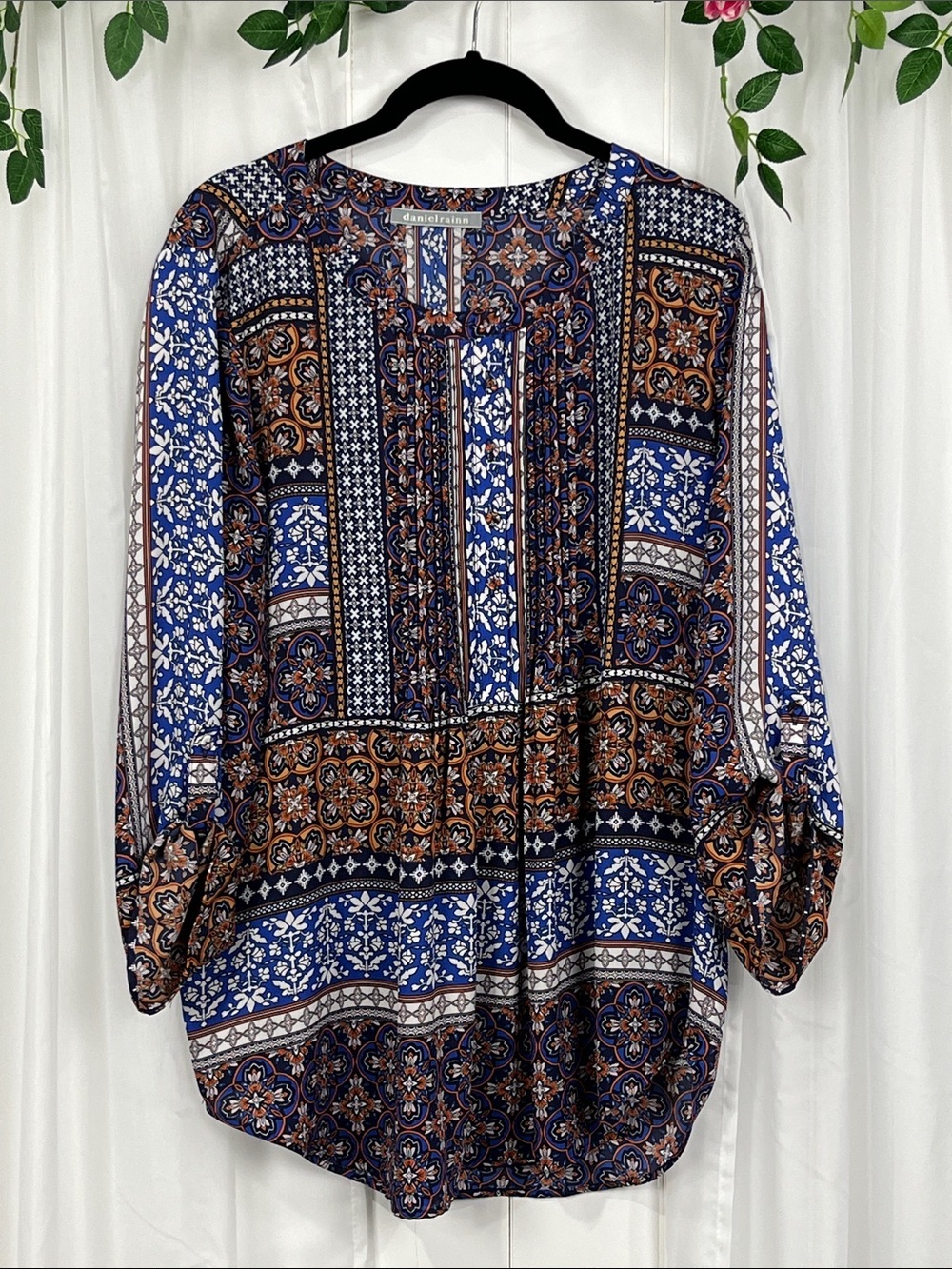Daniel Rainn Womens Tunic L Cobalt Gold Pullover Roll Sleeves Pleating Boho EUC